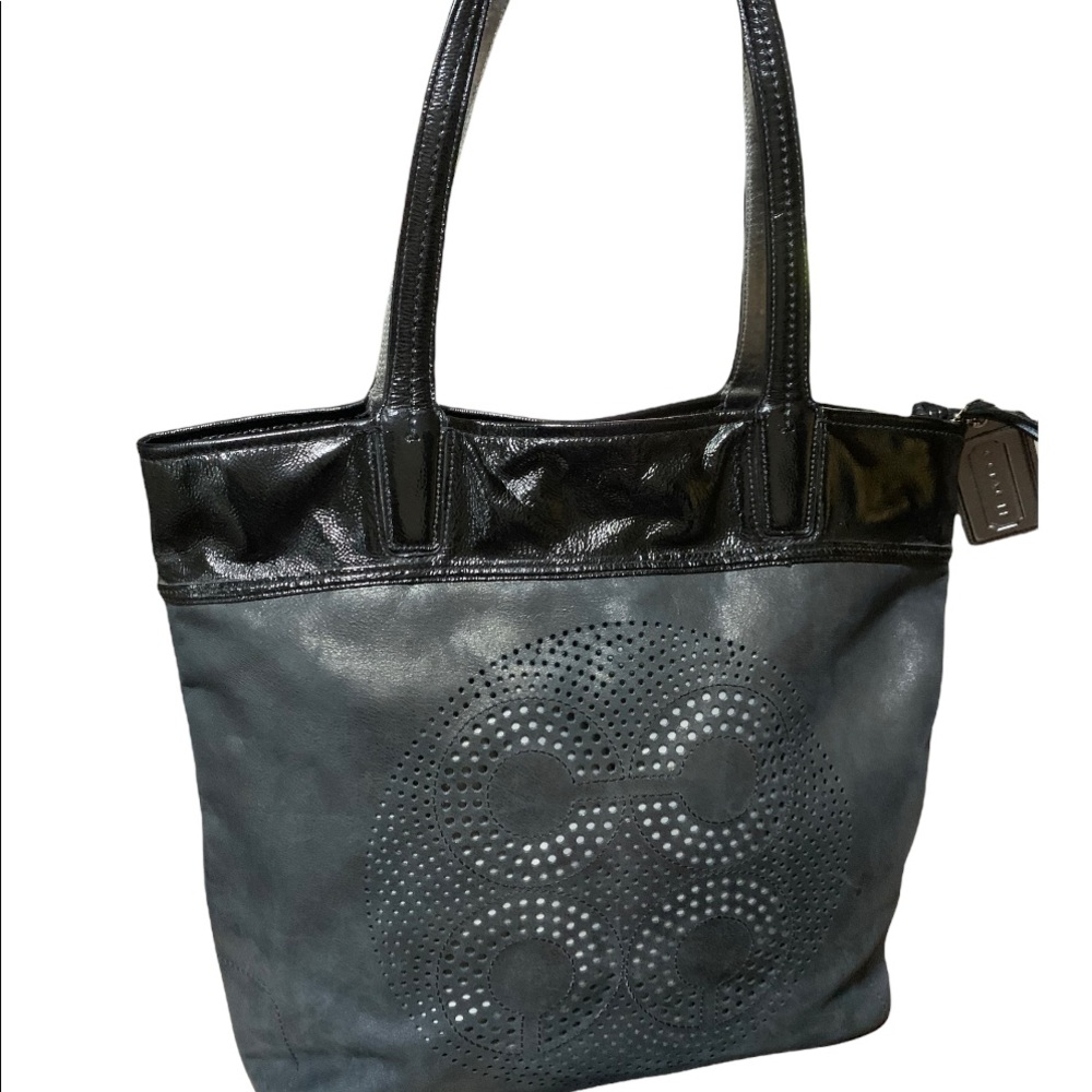 Coach Audrey Dark Blue Patern Leather Tote Bag